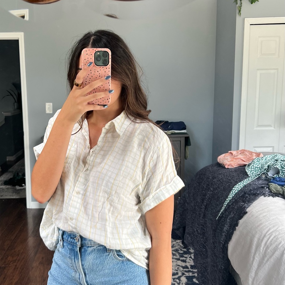 Cream Cotton Plaid Button Down Shirt